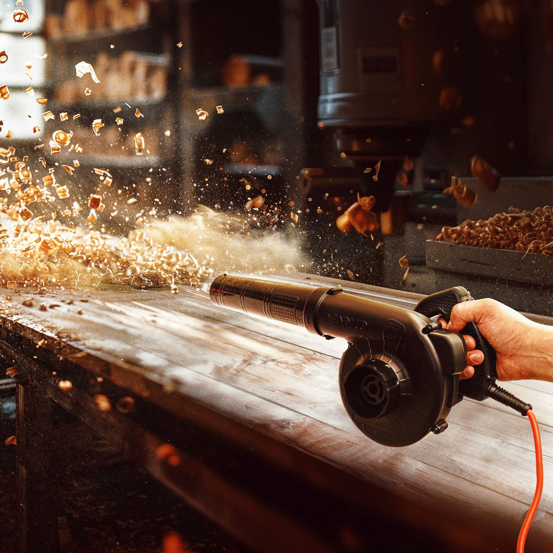A person using a grinder on a wooden table